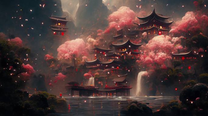 中国古风意境唯美空中楼阁建筑瀑布水面背景