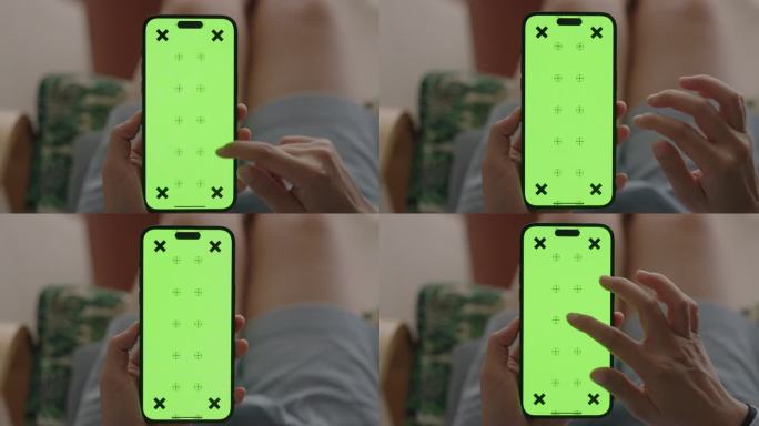 女性手持智能手机的特写绿屏模板