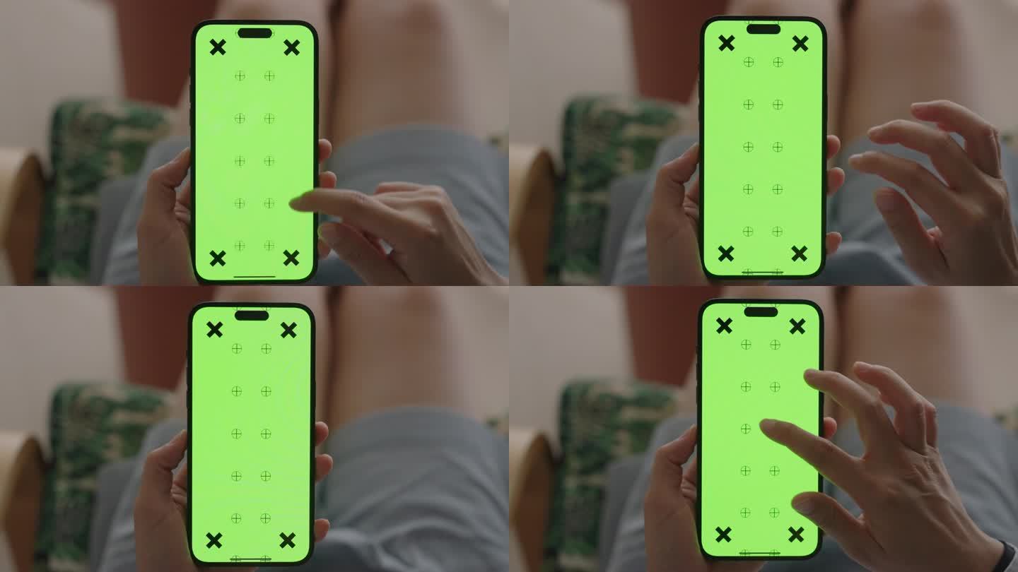 女性手持智能手机的特写绿屏模板