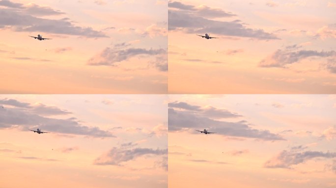 巨大的喷气式飞机在美丽的晚霞天空中从机场着陆区起飞。4k超级慢动作原始视频120 FPS