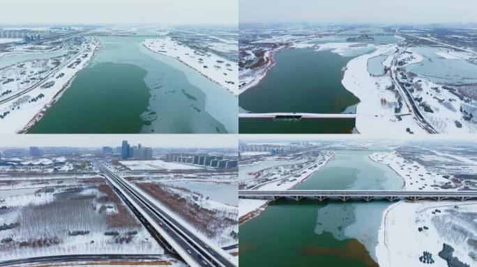 航拍冬天滹沱河雪景自然风光