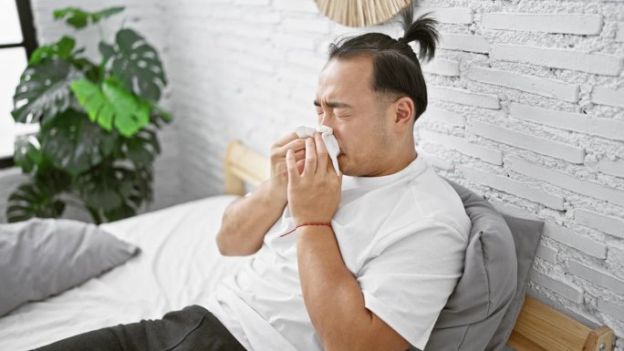 生病的中国年轻男子，感染了covid-19，坐在床上，在卧室里打喷嚏，在医疗保健的支持下与流感作斗争