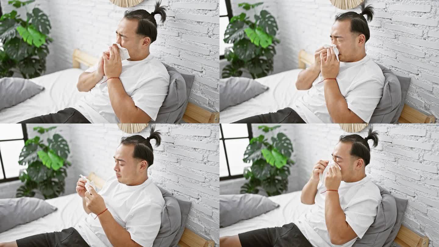 生病的中国年轻男子，感染了covid-19，坐在床上，在卧室里打喷嚏，在医疗保健的支持下与流感作斗争