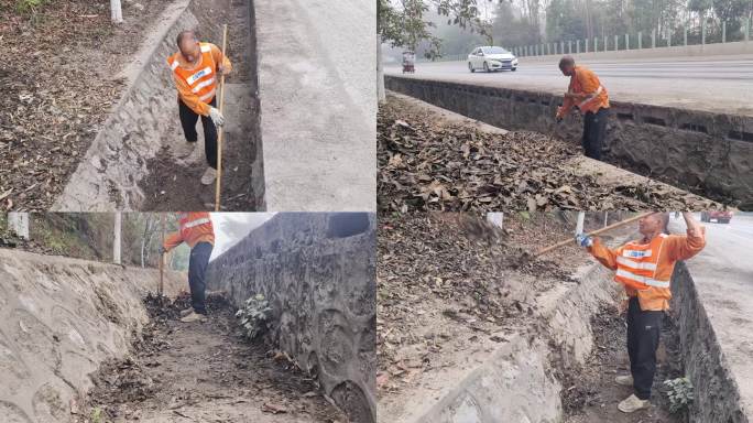 养路工清除公路排水沟垃圾道班工人养护公路