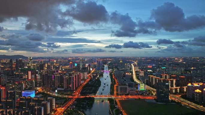 苏州新区狮山京杭大运河城市夜景航拍