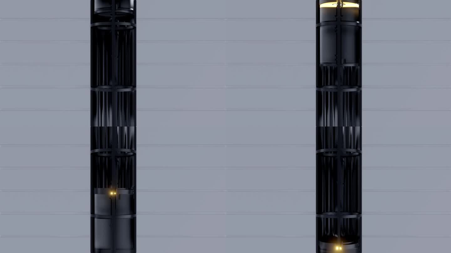 玻璃胶囊电梯可用于房屋，酒店或办公中心的墙面。逼真的3d动画。