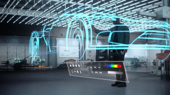 非洲汽车工程师戴上虚拟现实耳机，使用控制器在数字软件中工作，并简化蓝色概念跑车。汽车工业的数字化概念