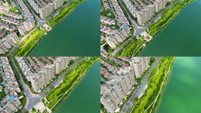 绿色的沿江公路，宜居住宅在绿色江河边