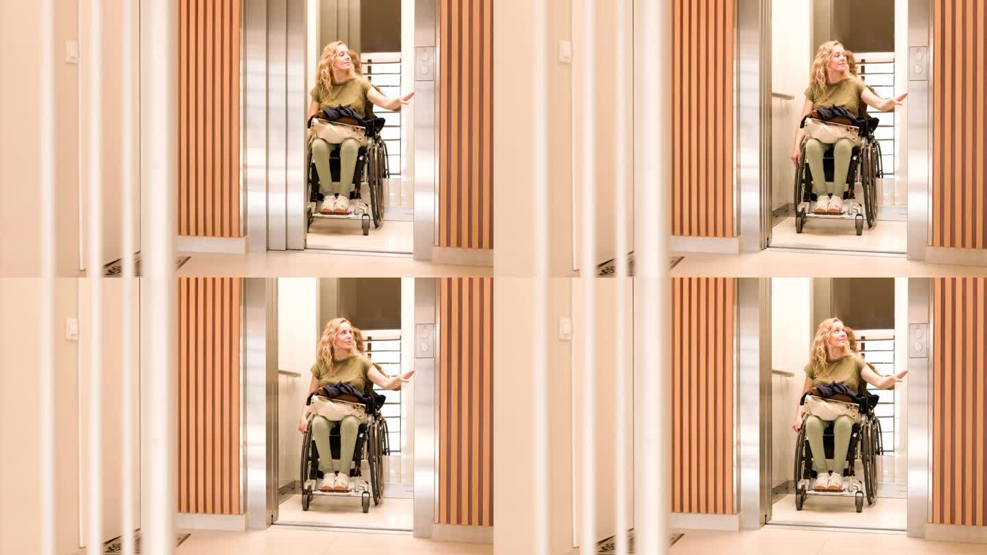 一个坐轮椅的女人正从电梯里出来。