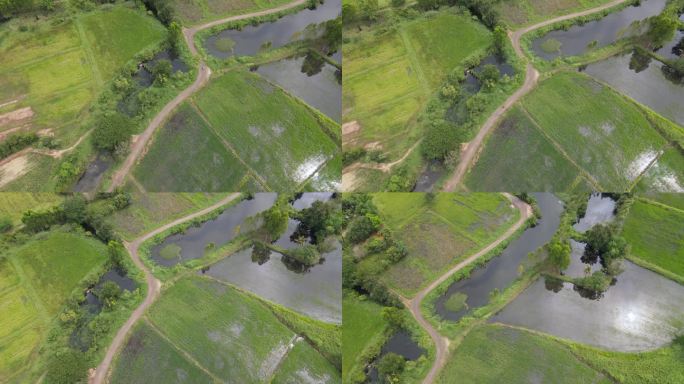 无人机拍摄的水渠旁的农田。