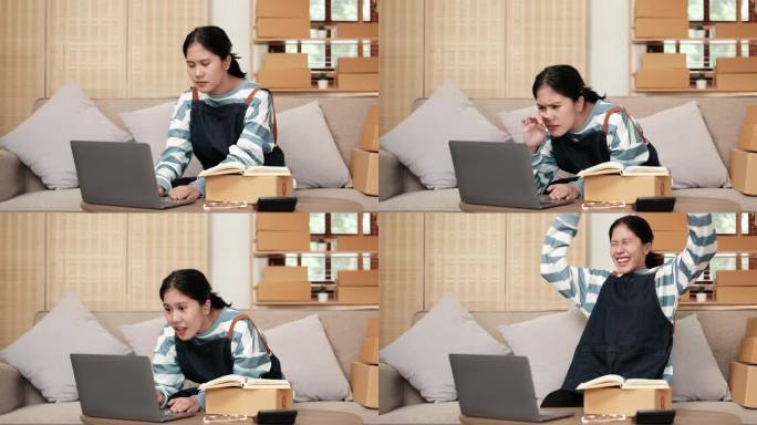 快乐的亚洲企业主女人疯狂喜悦欣喜若狂的表情惊讶的赞同在笔记本电脑上。网上购物概念