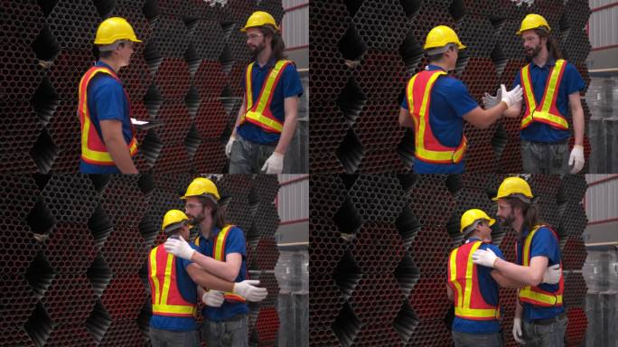 戴着安全帽和安全帽的仓库工人站在仓库里清点和检查仓库里的钢材。
