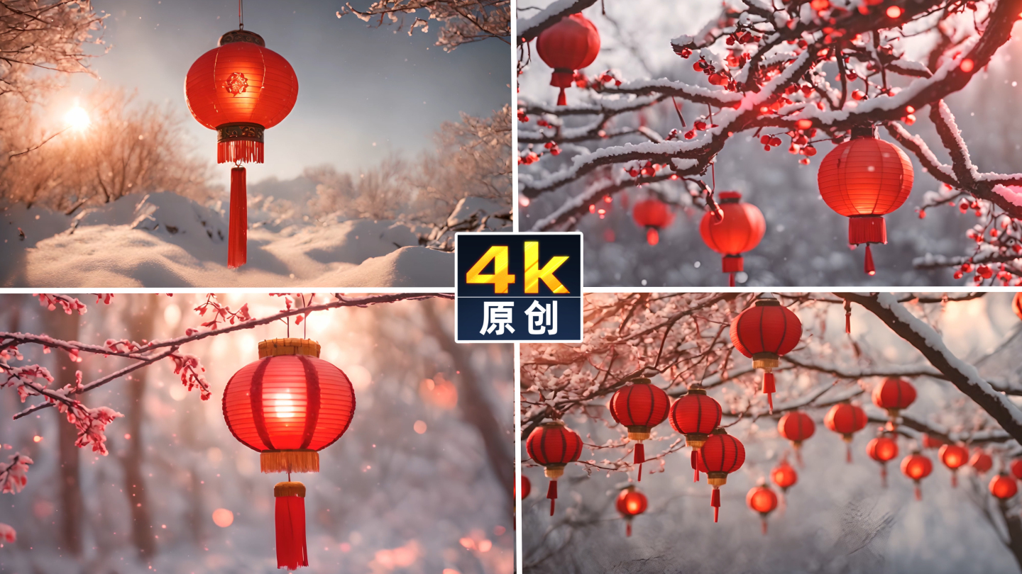 红灯笼新年中国风雪天下雪