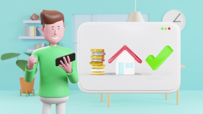 3d动画卡通快乐的人用智能手机支票钱买房子。