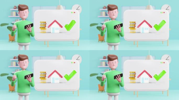 3d动画卡通快乐的人用智能手机支票钱买房子。