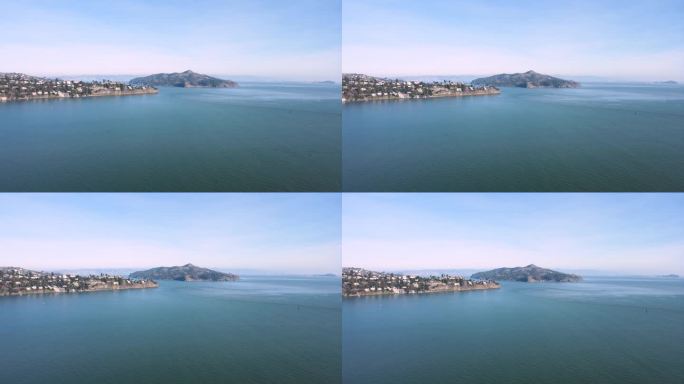 航拍视频捕捉天使岛的自然美景，索萨利托的海岸魅力，以及旧金山遥远的城市轮廓。