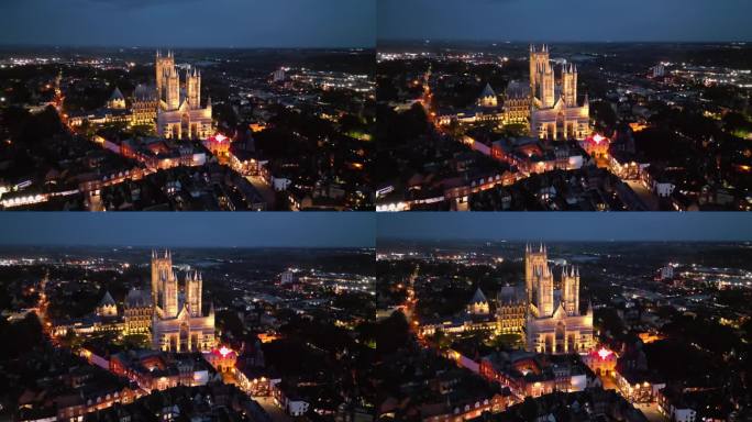 黄昏时分，无人机拍摄了英国林肯郡著名的林肯大教堂，展示了其明亮的哥特式建筑。