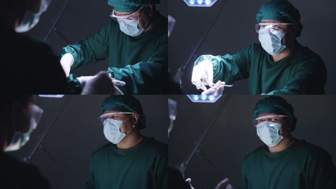 一名男性外科医生将镊子递给护士，并与他的团队交谈，他对手术成功后的结果感到满意。