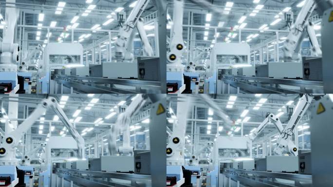 电子元件制造:自动化机械臂装配线，为建筑工业、重型机械、信息技术设施生产先进的高科技可持续部件