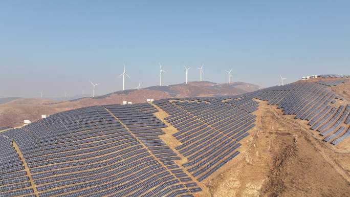 荒山新能源清洁能源风力发电光伏发电航拍