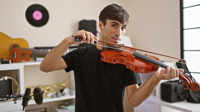 自信和微笑的年轻西班牙裔艺术家在室内音乐工作室快乐地演奏小提琴，古典娱乐交响曲