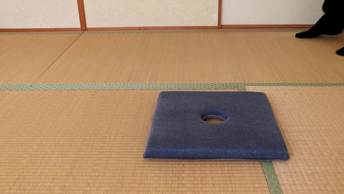 一名西装革履的男子走进一间铺着榻榻米的日式房间，直挺挺地坐在垫子上