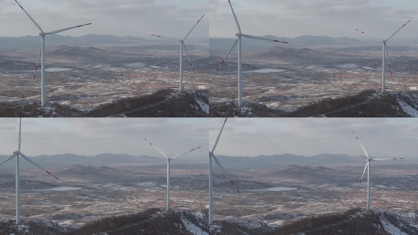 航拍山东文登西岭西山冬季雪后山野风电机群
