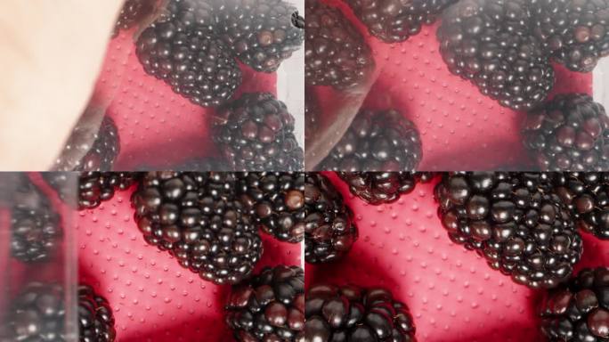 我从红色餐巾纸上取下透明的盖子，上面有黑莓。多莉滑块极端特写。