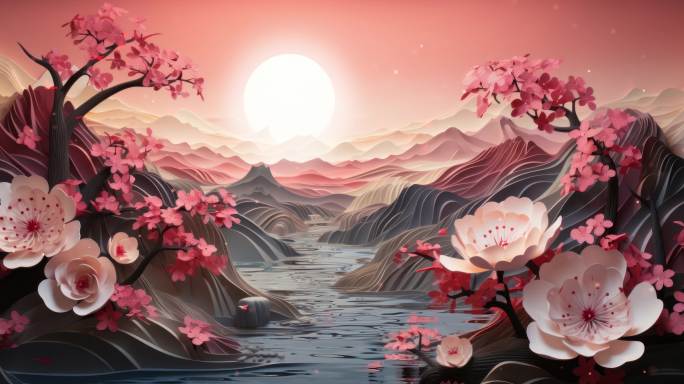 中国风国潮浮雕剪纸唯美山水花朵月亮戏剧