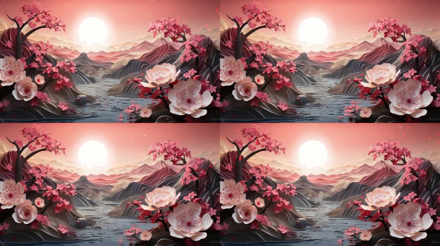 中国风国潮浮雕剪纸唯美山水花朵月亮戏剧