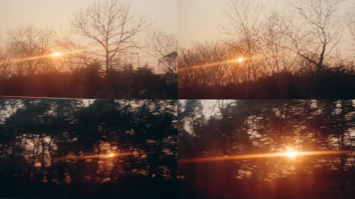 车窗外景象窗外树林掠过夕阳窗外