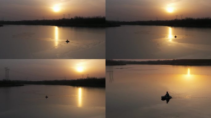 河水夕阳小船航拍