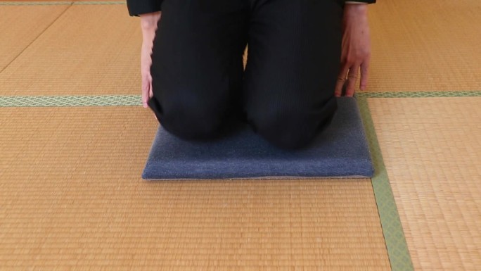 在铺着榻榻米的日式房间里，一个穿着西装的男人坐在垫子上