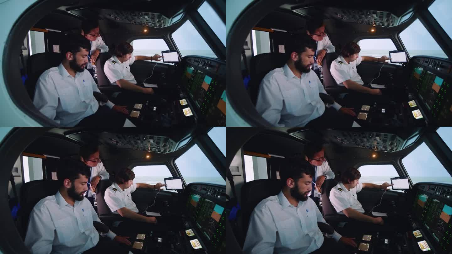 教官飞行队长观察学生飞行员，同时控制飞机面板，准备在模拟器飞行。飞行员在模拟器上飞行课
