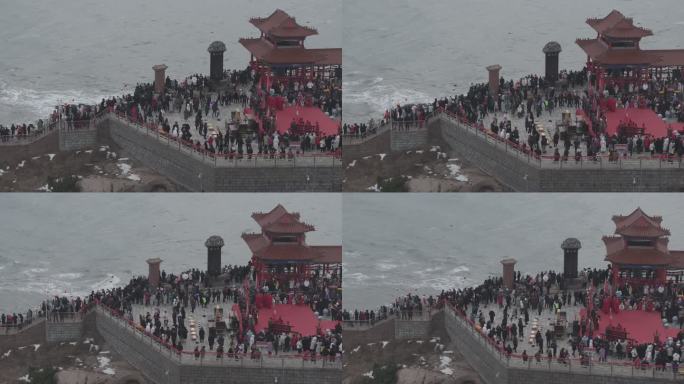 航拍山东荣成成山头元旦新年拜日庆典人群