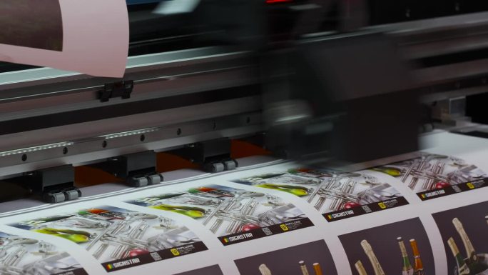 大型喷墨打印机工作，工业打印机，绘图头在纸张表面滑动并打印大图像。