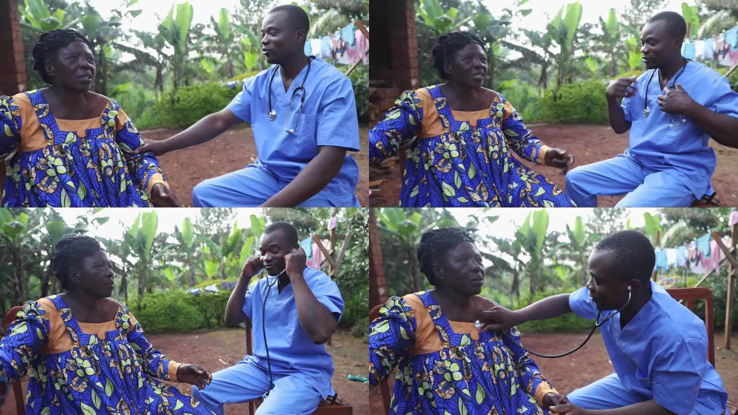 在一次家庭医疗访问中，一名非洲医生和他的老年病人交谈并听她的心跳
