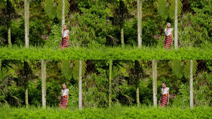 青翠丛中走在绿竹竿旁的女子