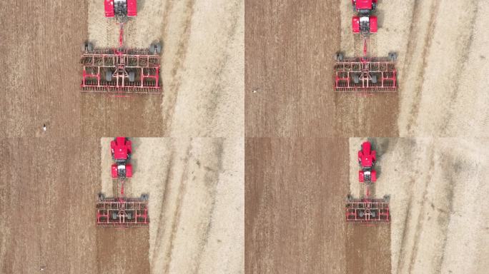 农用地鸟瞰图上拖拉机与犁拖车犁地