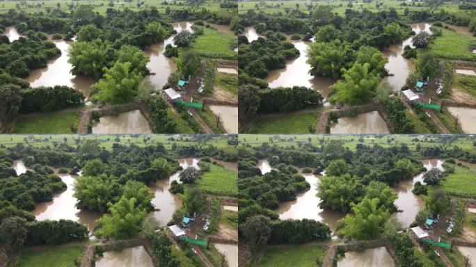从无人机上鸟瞰自然灾害造成的洪水地区。