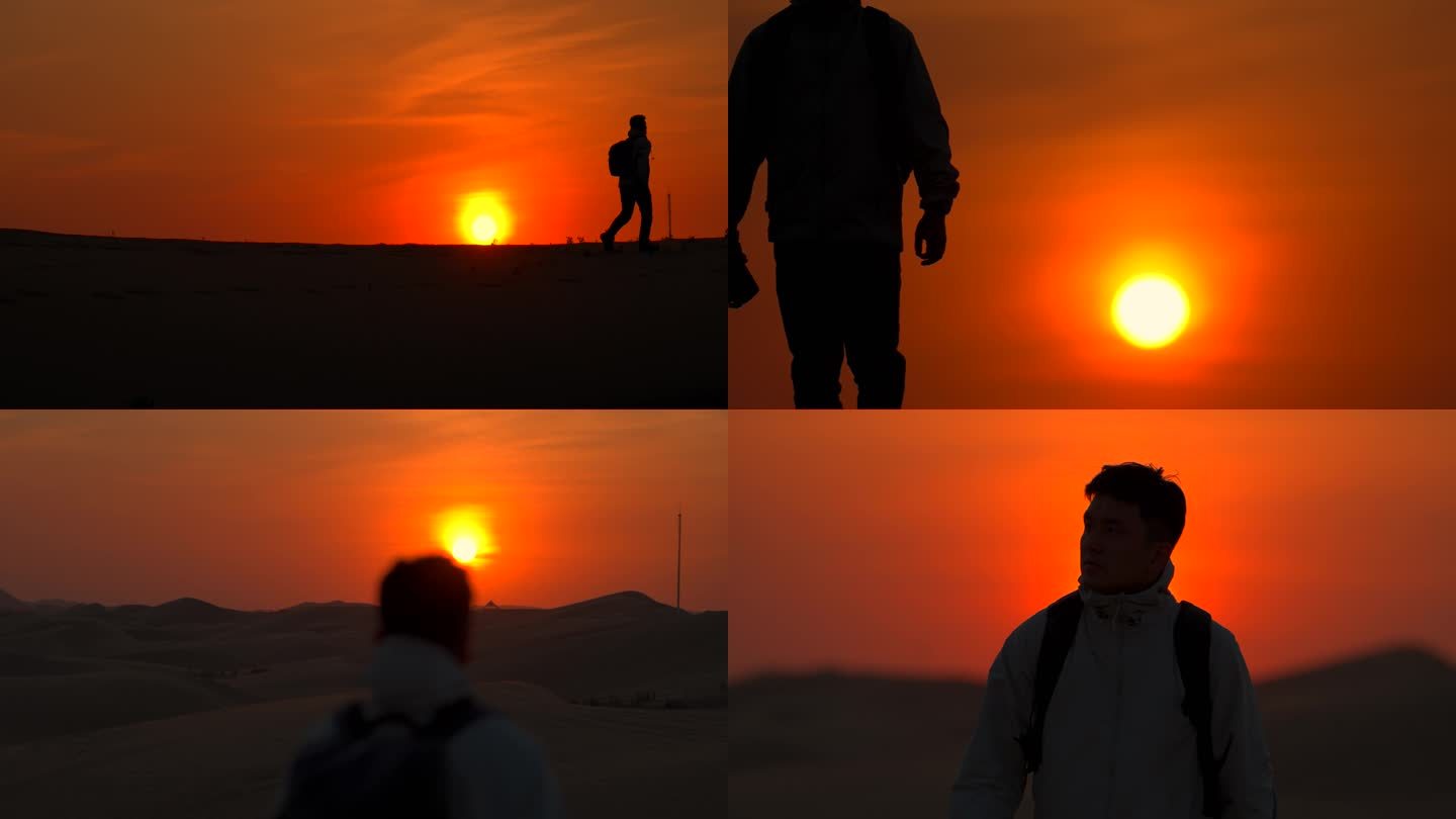 夕阳下人物在沙漠里逆光行走