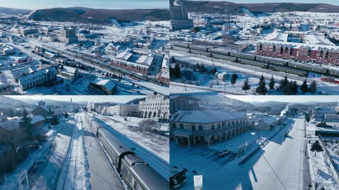 祖国风光阿尔山火车站冬季航拍