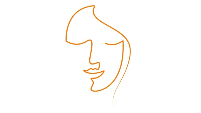 一个女人的动画橙色线性脸逐渐绘制。丝带上漂亮女孩的头像。一行。美的概念。毛圈的视频。矢量插图隔离在白