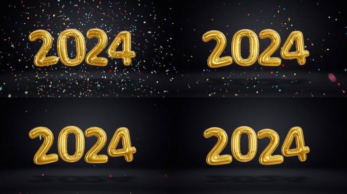 2024年新年。黑色背景上漂浮的氦气球。用五彩五彩的纸屑弹出金箔数字。水平的。