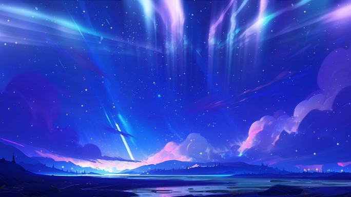夜晚极光星空云朵雪山湖水动漫动画手绘背景