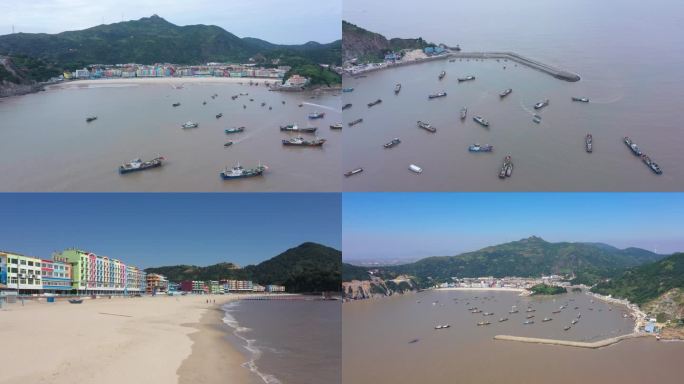 4K航拍温州渔村海边小镇苍南炎亭沙滩渔船