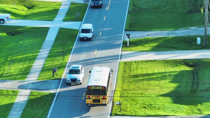 经典的美国黄色校车在乡村小镇街道上的俯视图，在清晨接送孩子去上课。美国的公共交通