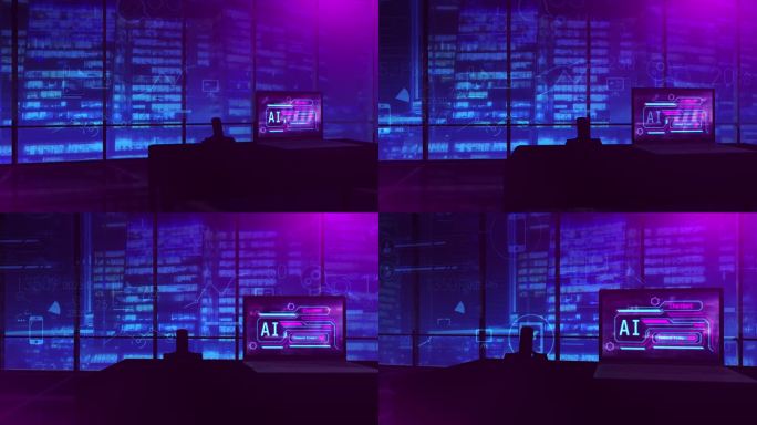 人工智能在夜间办公室笔记本电脑屏幕上的工作。三维渲染
