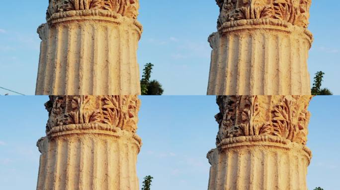 一根古色古香的柱子的特写显示出复杂的细节。石柱的每一个缝隙都讲述着一个历史故事。雄伟的柱子是建筑实力