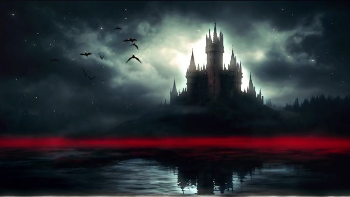 4K黑夜阴森恐怖蝙蝠吸血鬼万圣节城堡背景